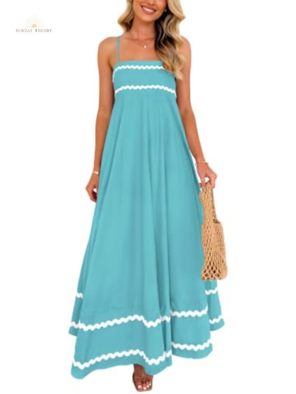 Women's Boho Maxi Dress Spaghetti Strap Square Neck A-Line Sundress